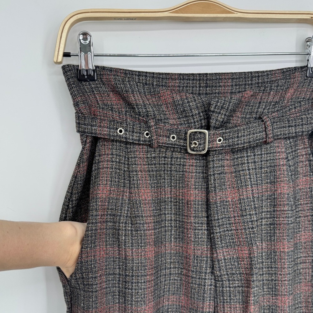 Reformation Belted Wide Leg Trouser Pants 2 Brown Plaid Dark Academia Career - Picture 4 of 12